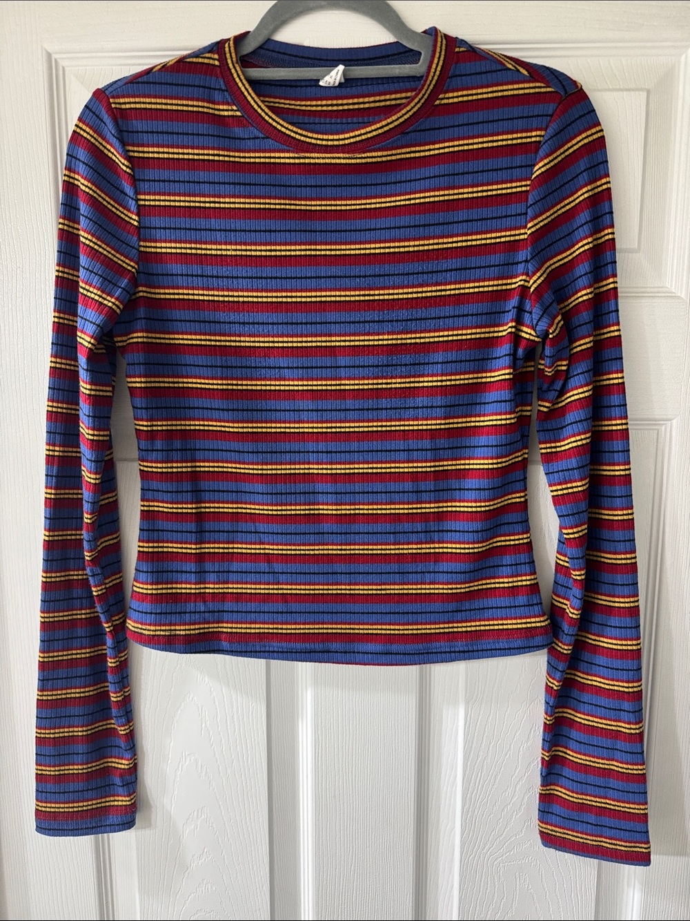 Striped Long-Sleeve Ribbed Top - Blue/Red/Yellow